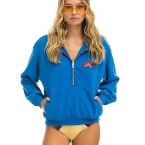 Aviator Nation MOUNTAIN EMBROIDERY HALF ZIP SWEATSHIRT OCEAN Blue UNISEX M